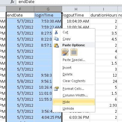 Screenshot of hiding columns on a spreadsheet