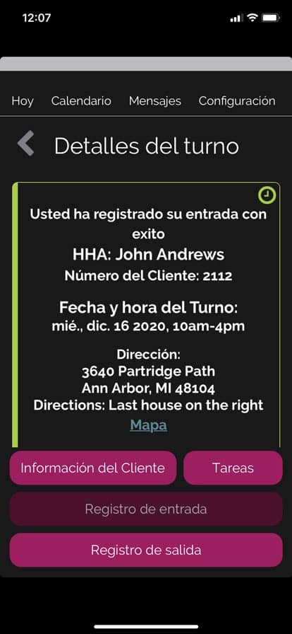 Screenshot of Spanish Caregiver Mobile App
