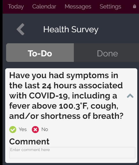 Screenshot of Health Survey Question in Tasks