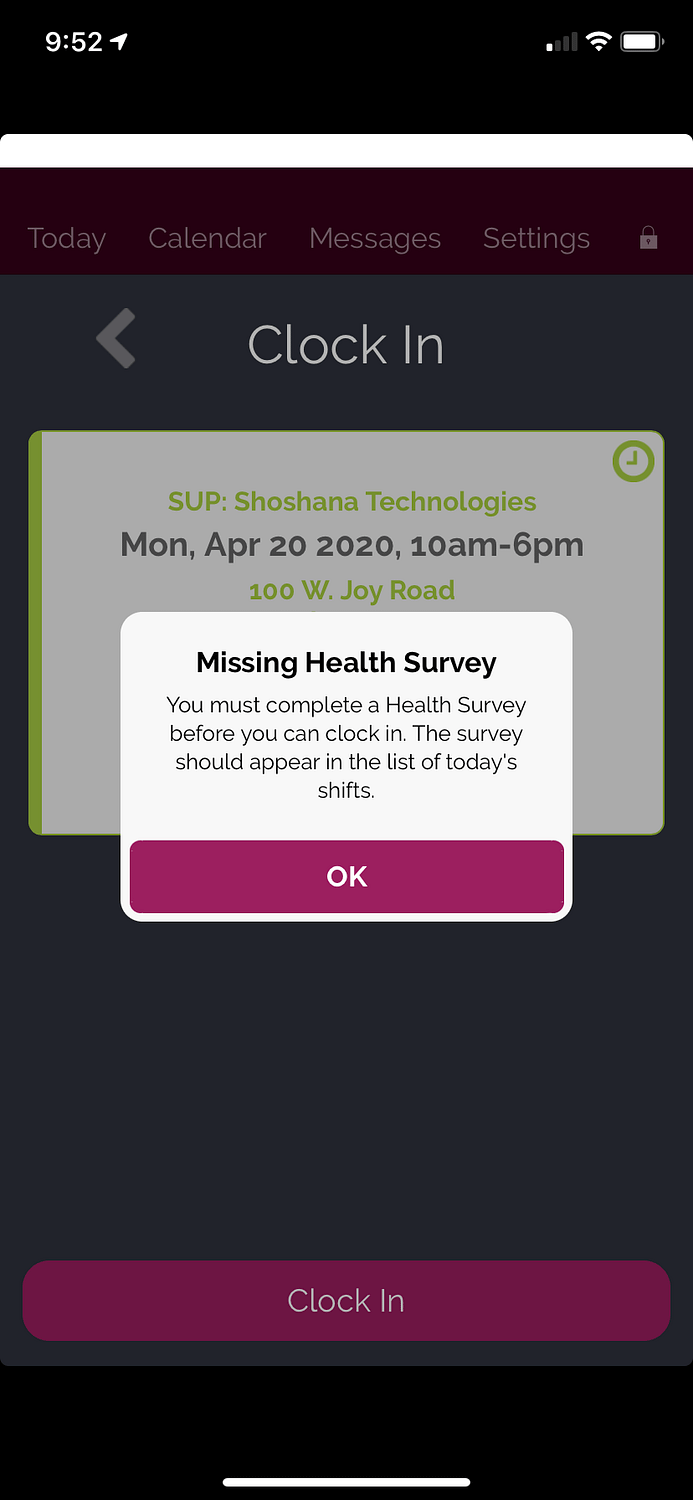 Screenshot of Missing Health Survey message